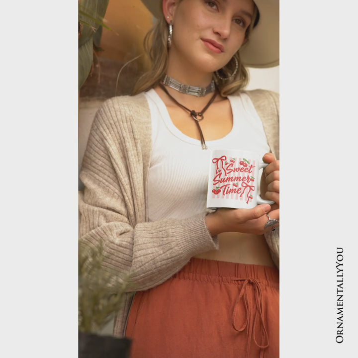 Striped Cherry Sweet Summer Time Mug, Coquette Vacation Gift