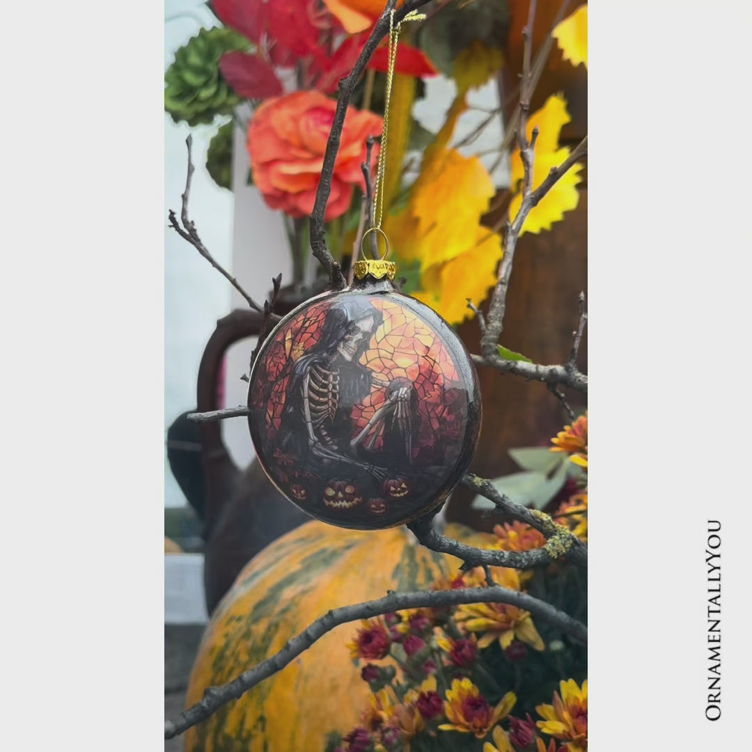Creepy Stained Glass Skeleton and Raven Haunted Ornament, Halloween Horror and Christmas Tree Decor