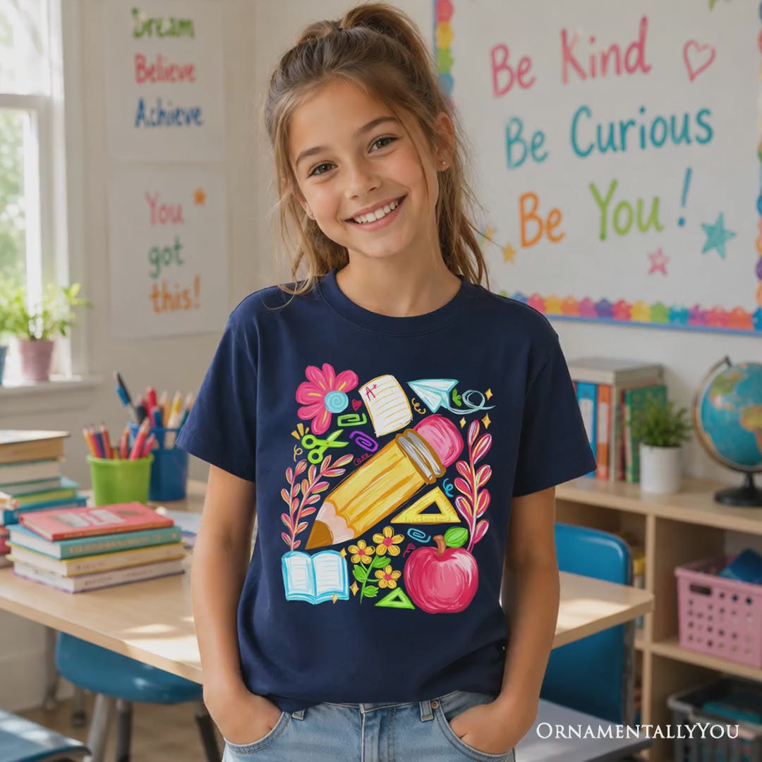 Kids Floral Student Pencil T-Shirt, Colorful Back to School Tee for Youth