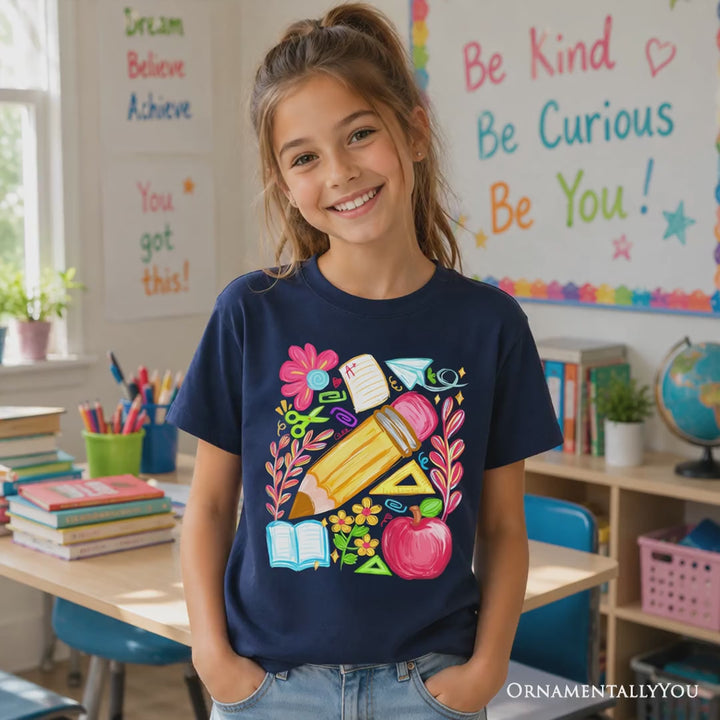 Kids Floral Student Pencil T-Shirt, Colorful Back to School Tee for Youth