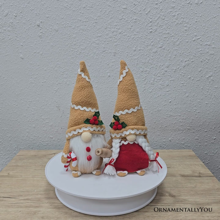 Gingerbread Christmas Plush Gnome Set of 2, Holiday 10.5" Baking Decor with Rolling Pin and Candy Cane