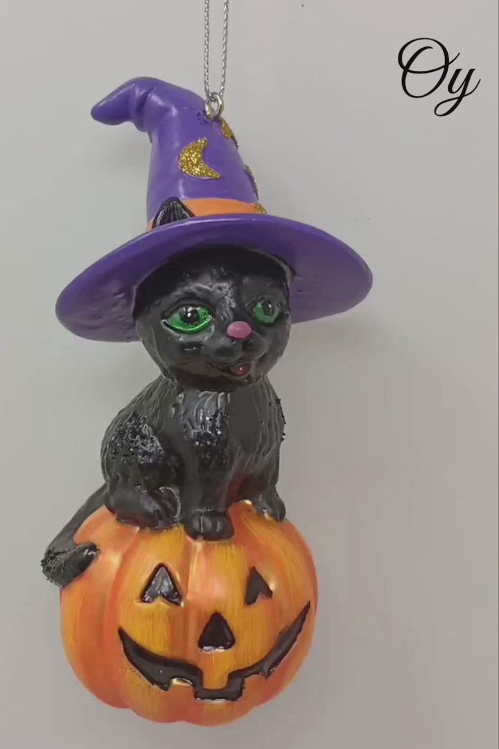 Black Cat on Pumpkin Spooky Glass Christmas Ornament, Witch Hat Halloween Theme
