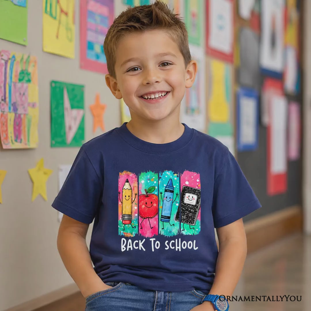 Kids Brushstroke Back to School T-Shirt, Apple Pencil Notebook Youth Tee for Student