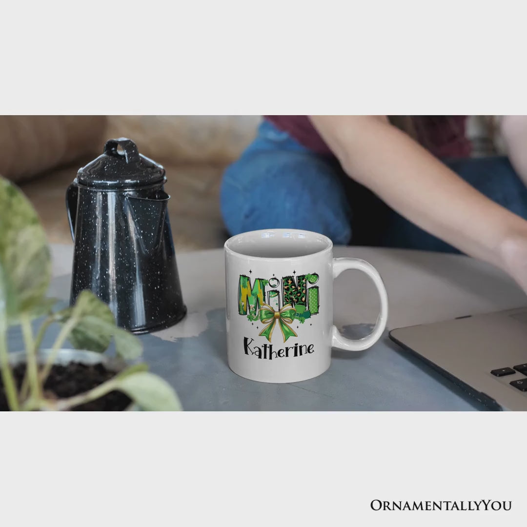 Coquette Mini Clover Bow St Patrick’s Day Personalized Mug, Green Lucky Shamrock Clover Gift with Custom Name
