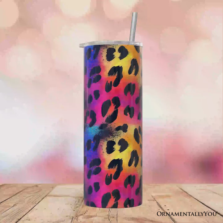 Vibrant Neon Leopard Print 20oz Personalized Tumbler With Lid and Stainless Steel Straw, Retro Rainbow Animal Pattern Gift Cup