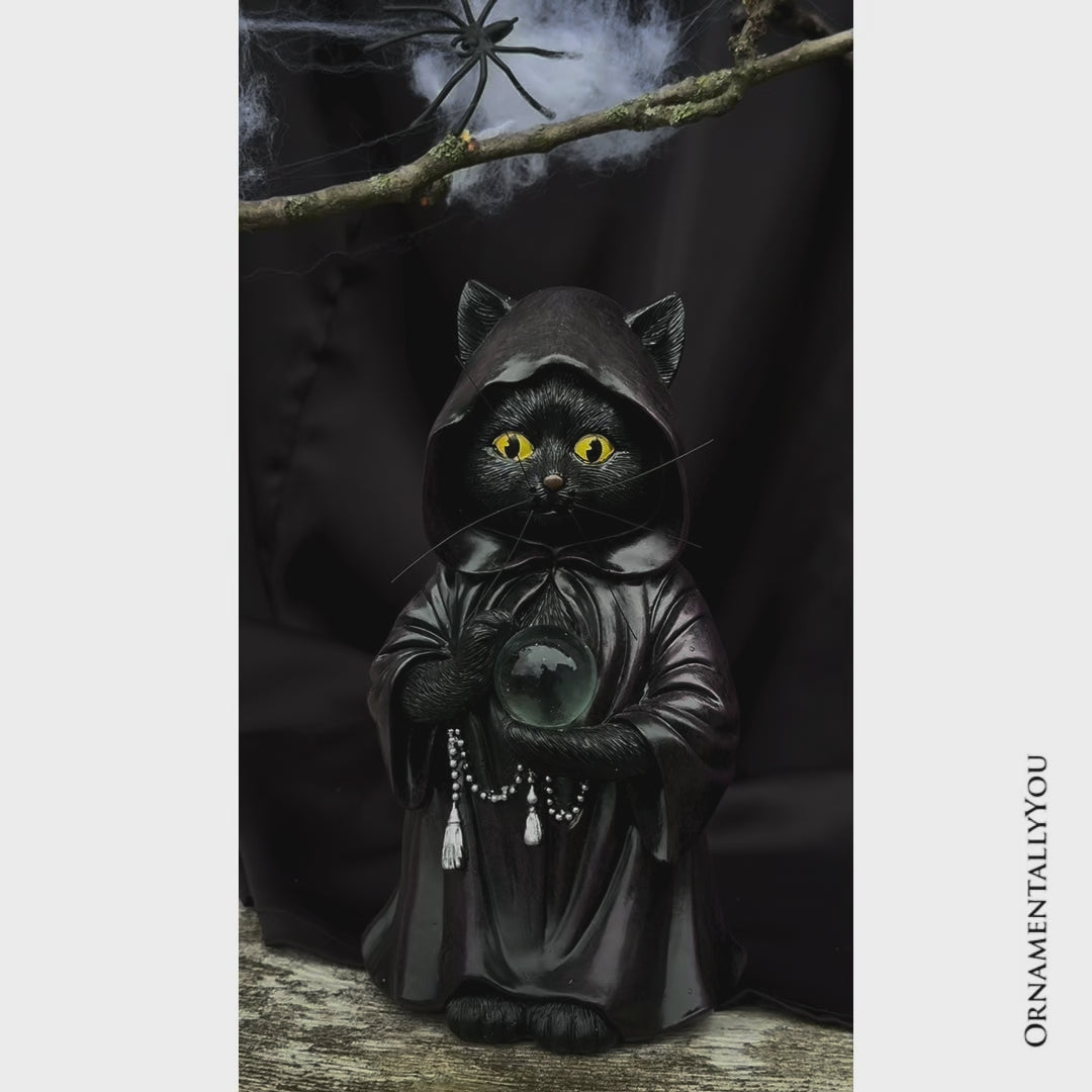 Ominous Black Cat Wizard Figurine, 7" Solar Light Gothic Yard Statue Decor