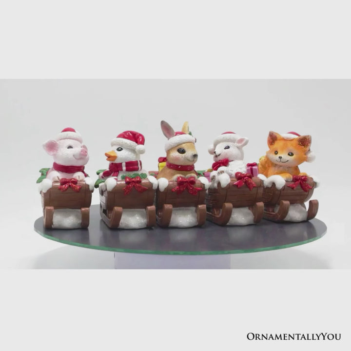 Christmas Critters Animals on Sleighs Set of Five Figurines, 5" Tabletop Holiday Animal Decor with Bunny, Piglet, Duckling, Lamb, and Fox