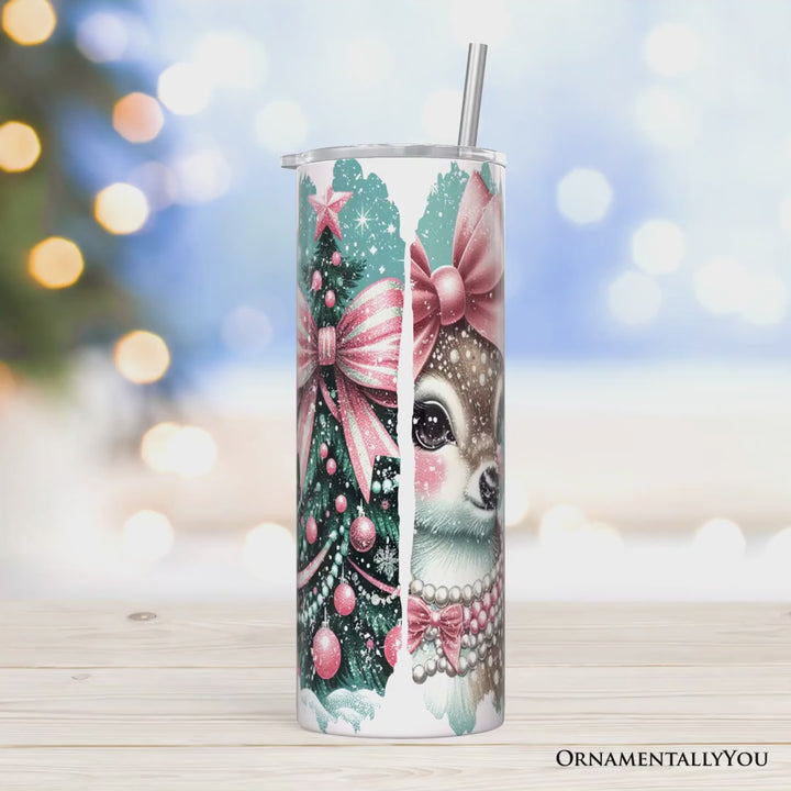 Vintage Tree, Reindeer, Santa and Snowman 20oz Personalized Tumbler With Lid and Stainless Steel Straw, Coquette Pink Christmas Gift Cup