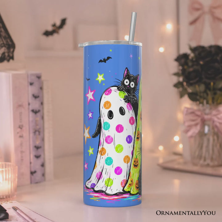 Colorful Ghosts and Black Cats 20oz Personalized Tumbler With Lid and Stainless Steel Straw, Neon Halloween Spooky Season Gift Cup