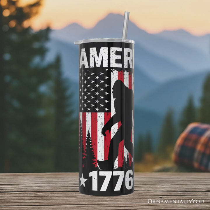 Bigfoot American Flag 20oz Personalized Tumbler With Lid and Stainless Steel Straw, Patriotic Sasquatch Gift Cup