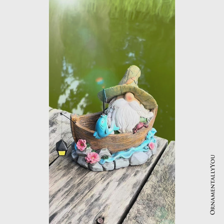 Fishing Gnome with Lantern Garden Statue, 6" Lighted Dwarf Figurine Outdoor Decor