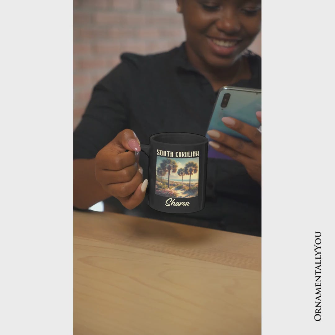 Serene South Carolina State Palmetto Beach Scene Personalized Mug, Coastal Gift and Tropical Keepsake Souvenir with Custom Name