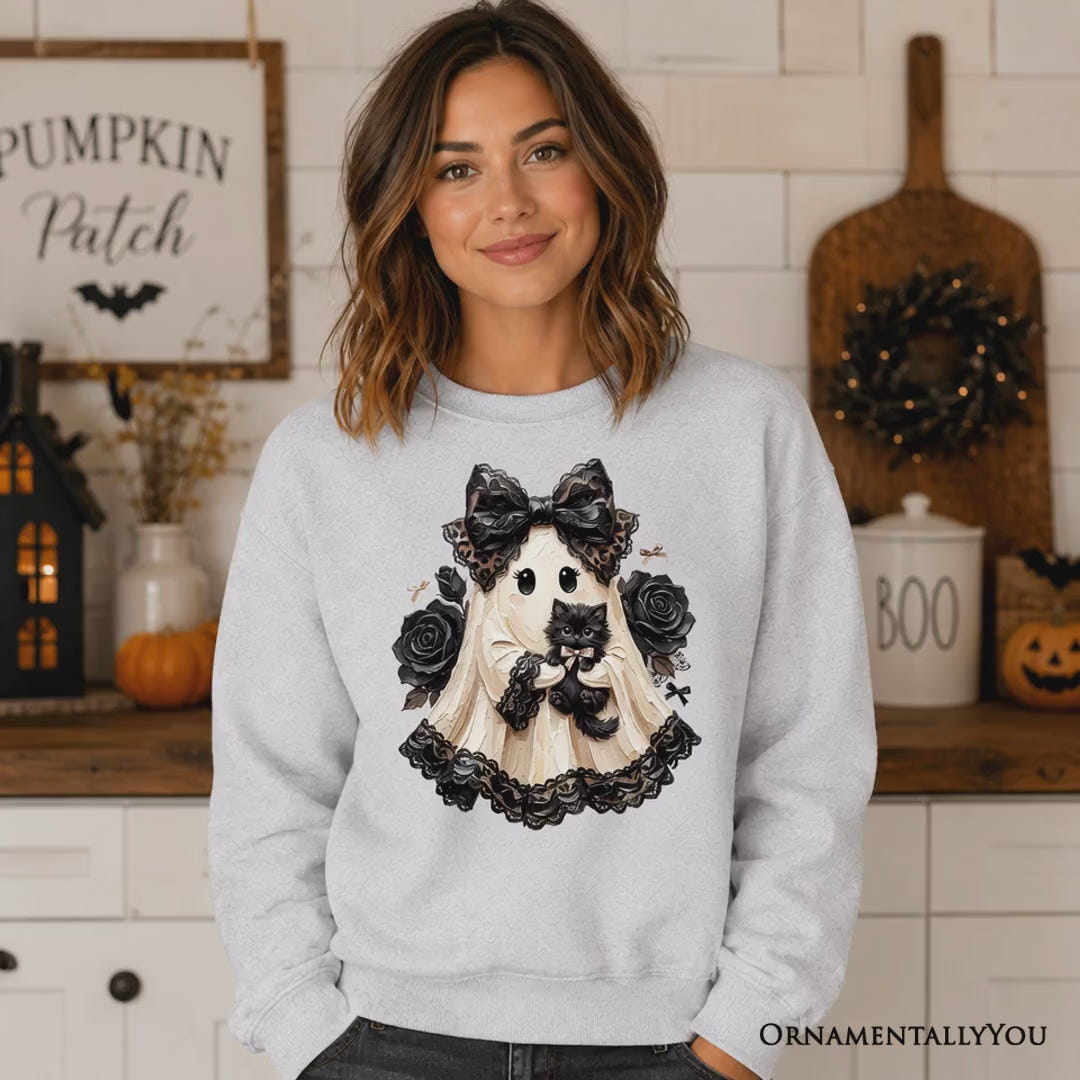 Gothic Ghost with Black Cat Sweatshirt, Black Rose Coquette Halloween Sweater