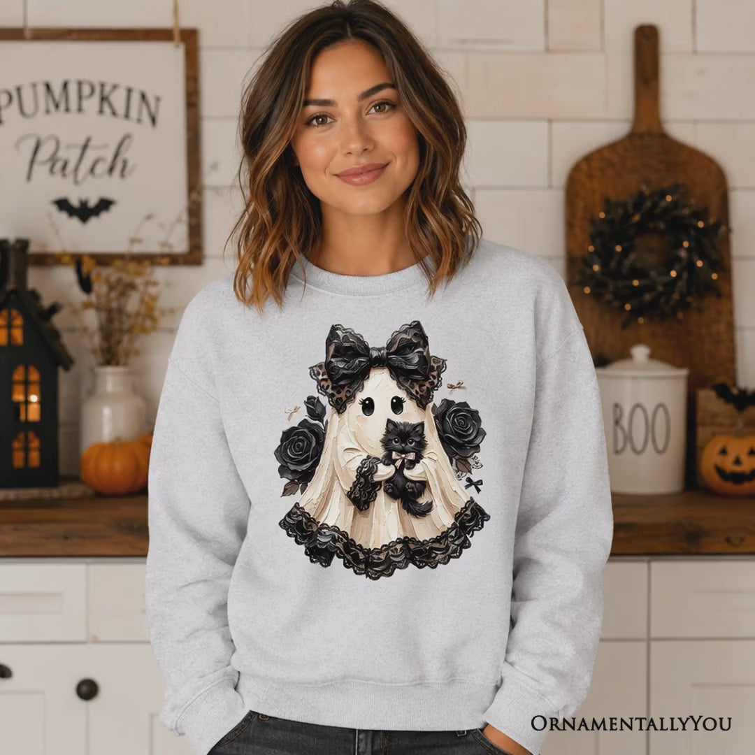 Gothic Ghost with Black Cat Sweatshirt, Black Rose Coquette Halloween Sweater