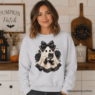 Gothic Ghost with Black Cat Sweatshirt, Black Rose Coquette Halloween Sweater