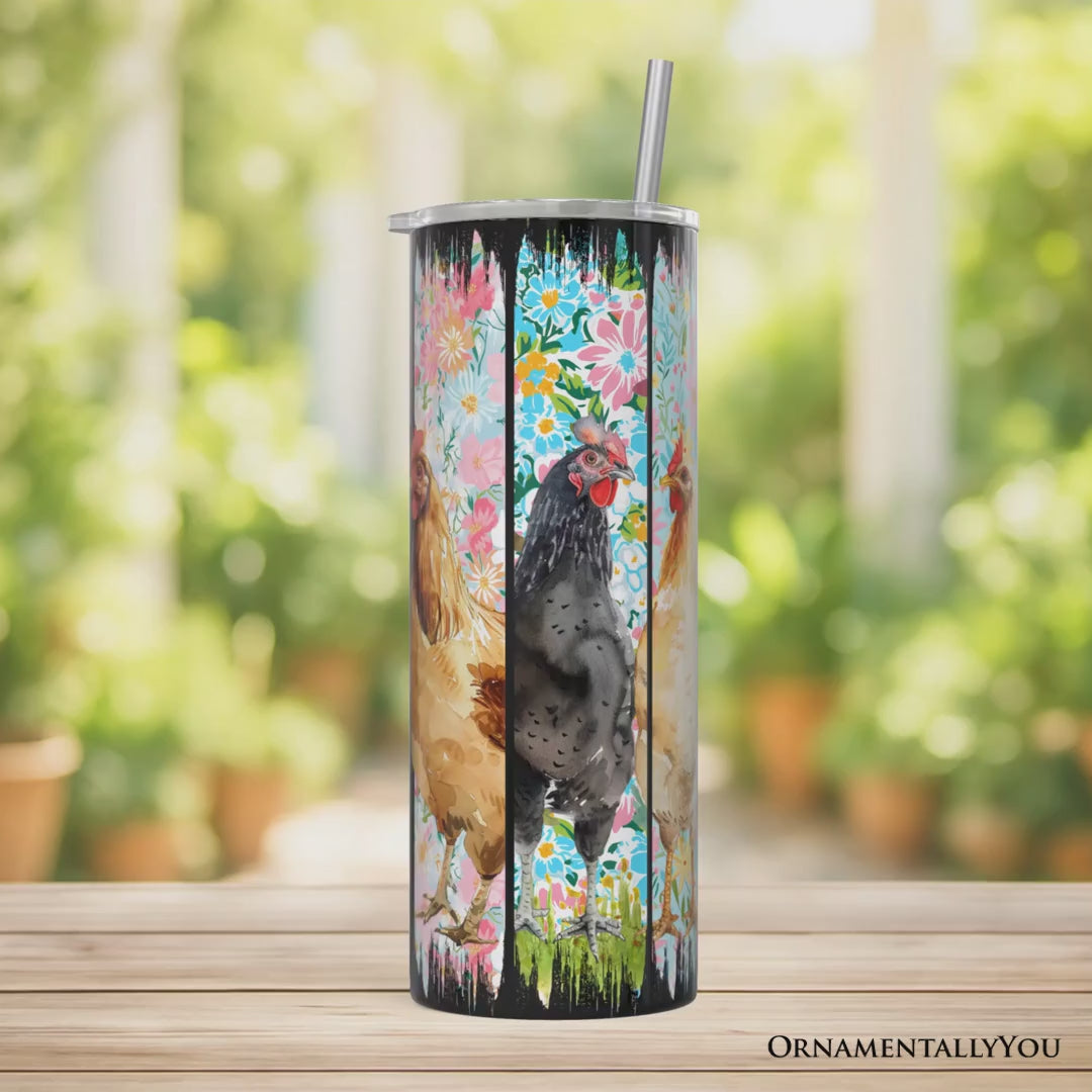 Brushstrokes Chicken Farm 20oz Personalized Tumbler With Lid and Stainless Steel Straw, Colorful Floral Farmlife Gift Cup