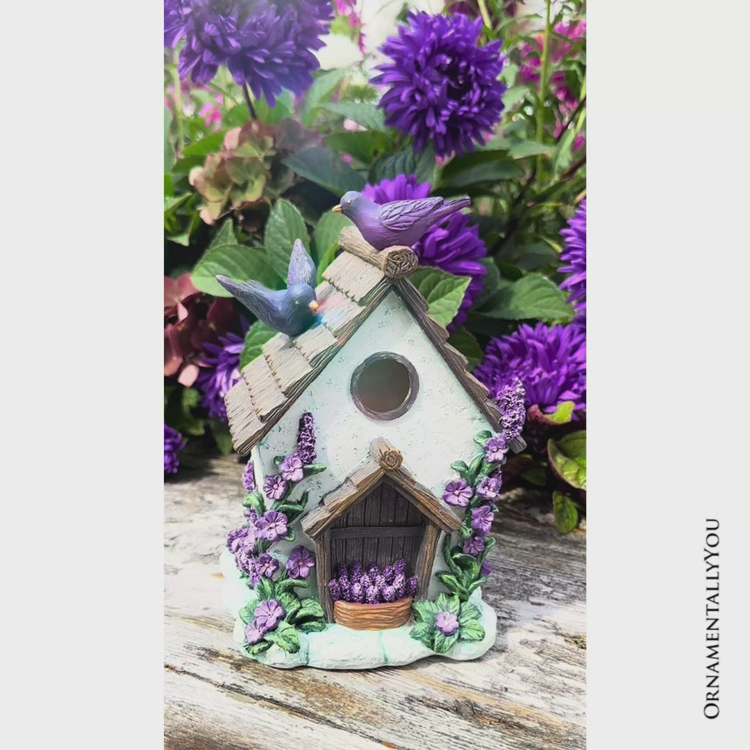 Lovely Floral Lavender Bird House Figurine, 7" Novelty Cottage Garden Decor