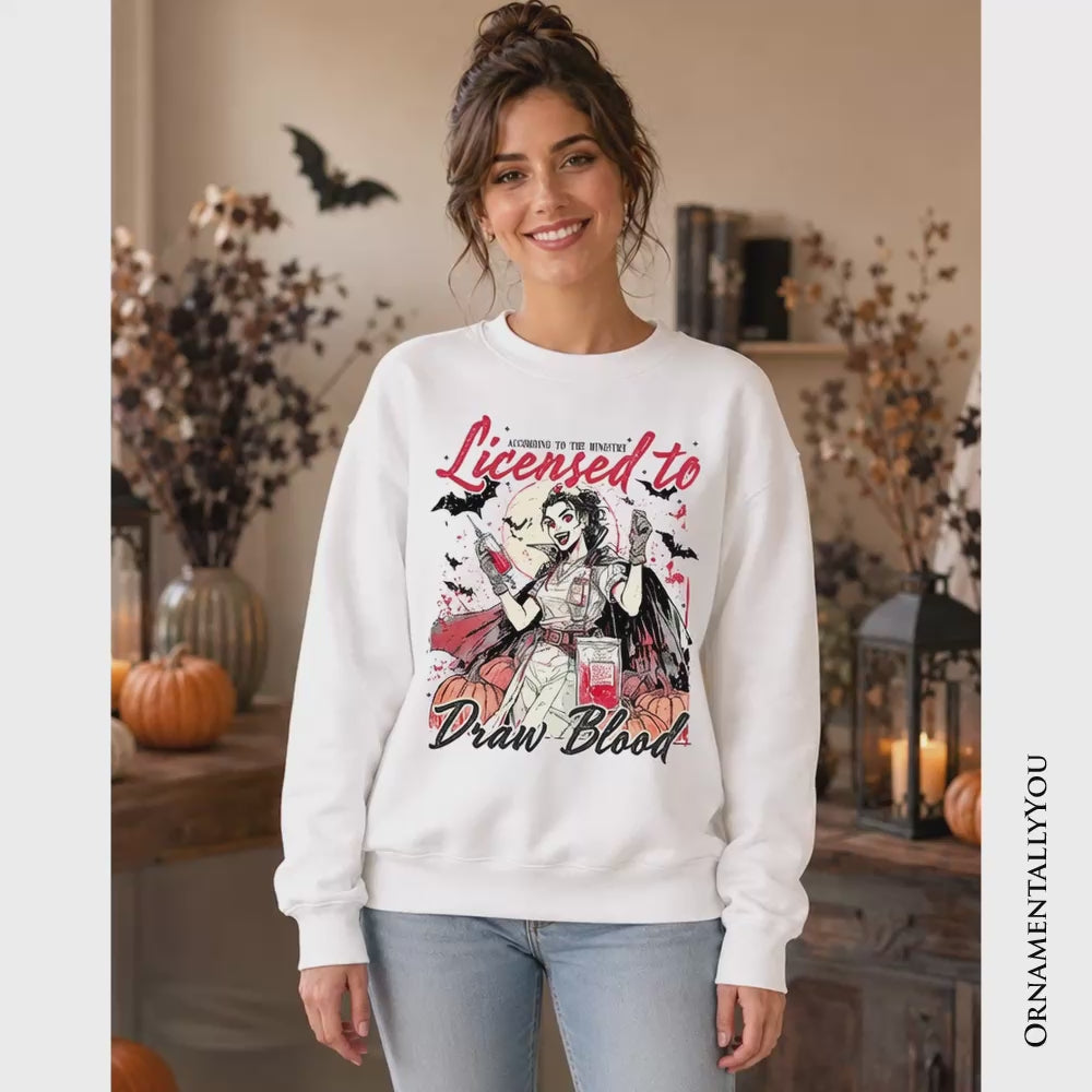 Licensed to Draw Blood Halloween Nurse Sweatshirt, Groovy Sweater for Spooky Season