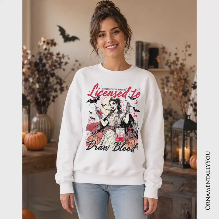 Licensed to Draw Blood Halloween Nurse Sweatshirt, Groovy Sweater for Spooky Season