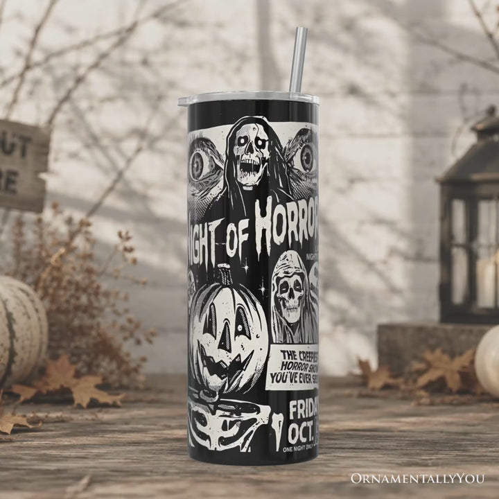Night of Horrors Retro Halloween 20oz Personalized Tumbler With Lid and Stainless Steel Straw, Vintage Spooky Poster Gift Cup