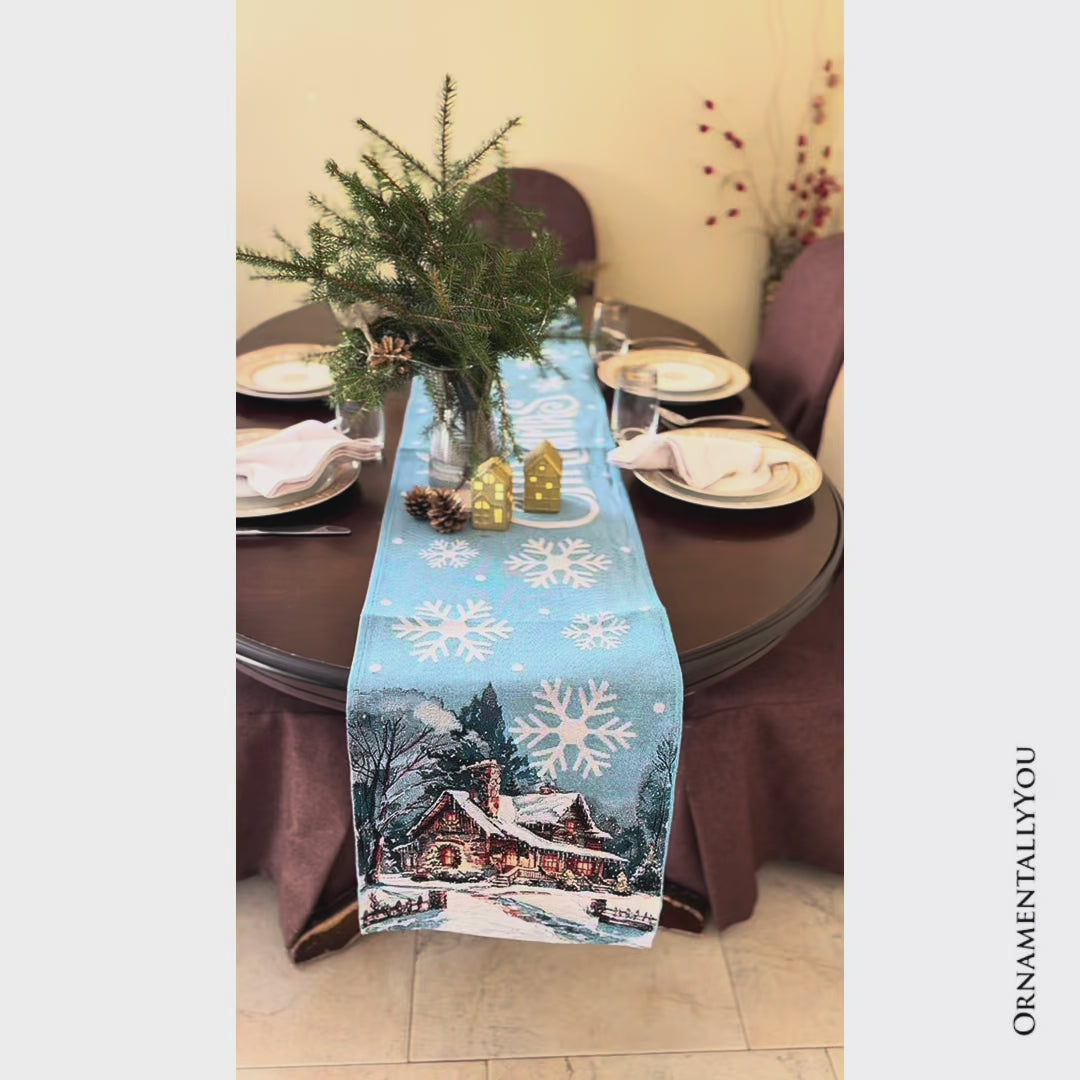 Gracefully Artful Winter Cabin 72" Table Runner, Merry Christmas Blue Rectangle Tablecloth with Snowflakes