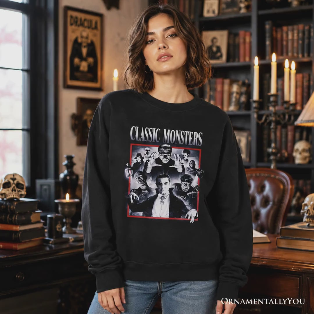 Classic Monsters Black and White Sweatshirt, Retro Vintage Horror Sweater