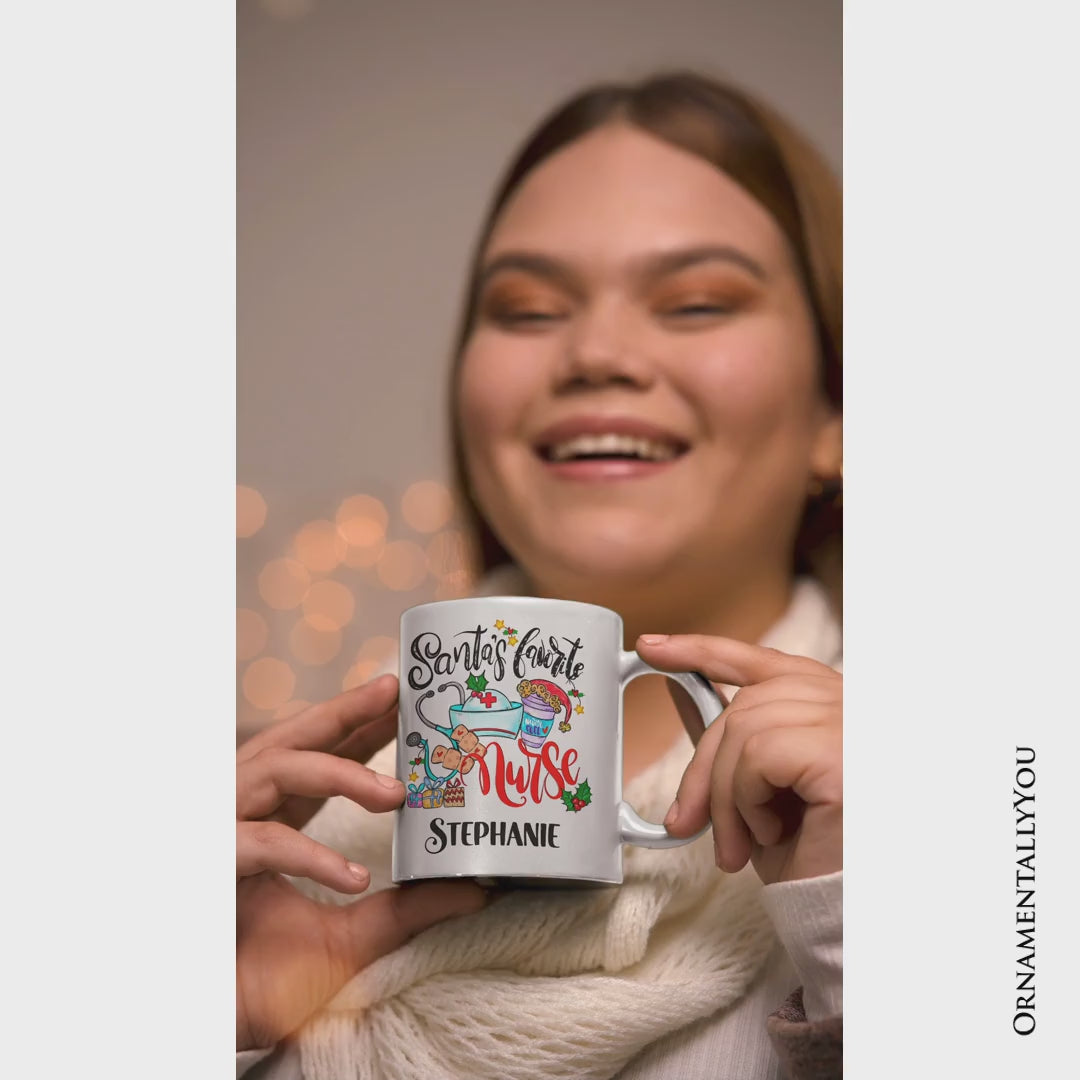 Santa’s Favorite Nurse Christmas Personalized Mug, Healthcare Appreciation Gift with Custom Name