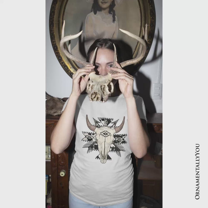 Aztec Tribal Bull Skull T-Shirt, Western Boho Tee