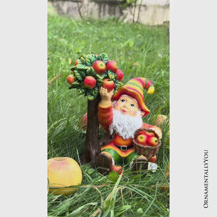 Johnny Apple Gnome Cute Garden Statue, 9" Orchid Picker Whimsical Dwarf Figurine