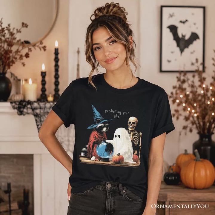 Predicting Your Life Witch Racoon T-Shirt, Vintage Halloween Ghost Skeleton Fortune Teller Tee