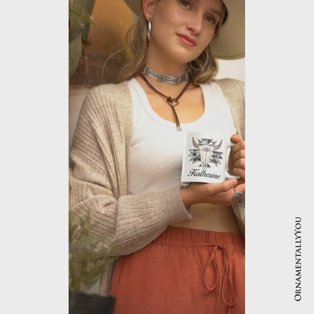 Aztec Tribal Bull Skull Personalized Mug, Western Boho Gift with Custom Name