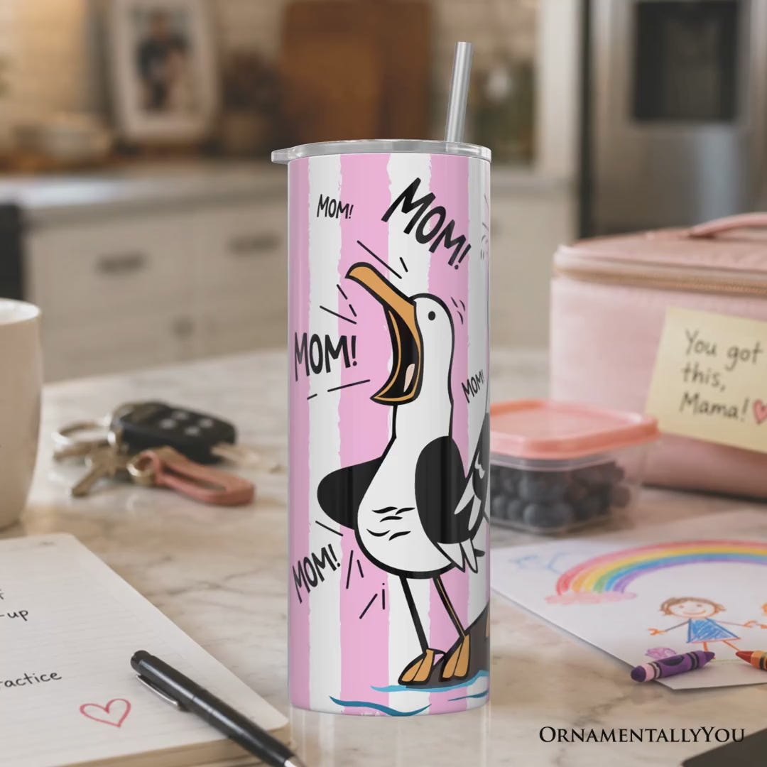 Funny Mom Calling Seagull 20oz Personalized Tumbler With Lid and Stainless Steel Straw, Pink Coastal Bird Gift Cup