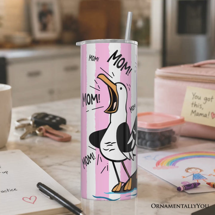 Funny Mom Calling Seagull 20oz Personalized Tumbler With Lid and Stainless Steel Straw, Pink Coastal Bird Gift Cup