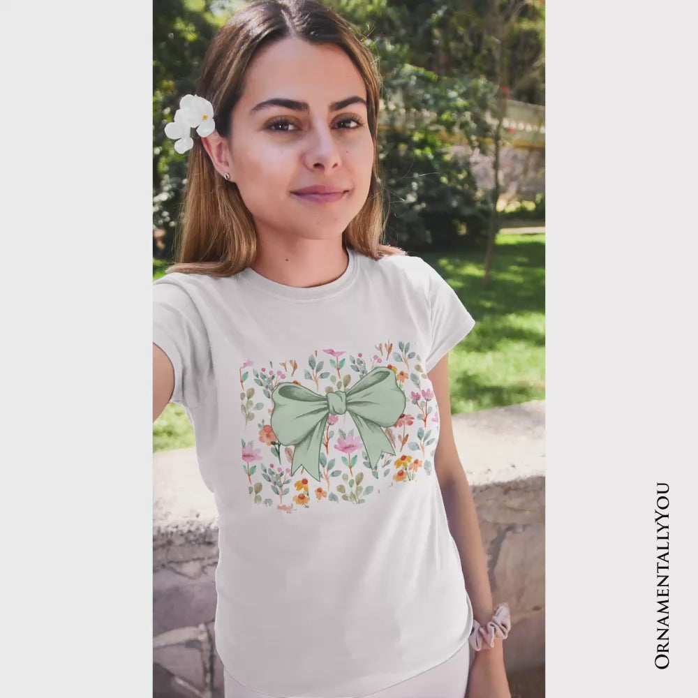 Floral Coquette Bow T-Shirt, Cute Spring Preppy Girly Flowers Tee