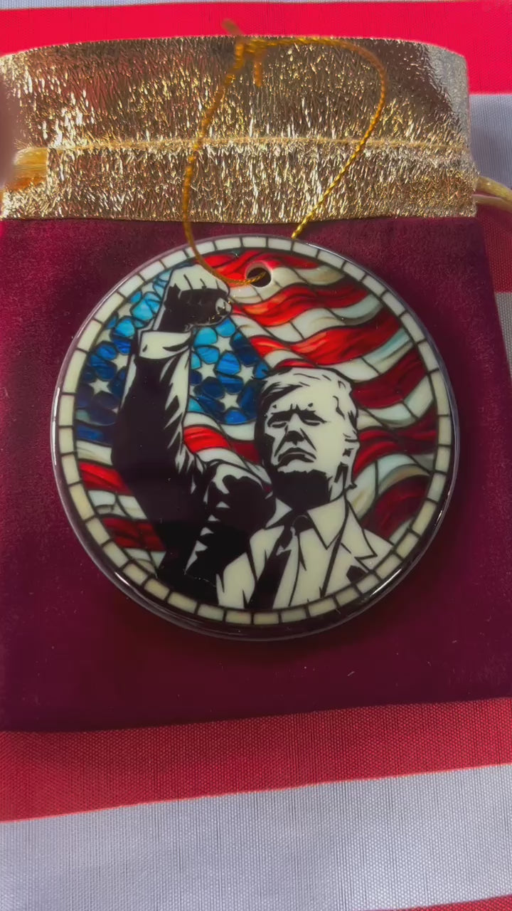 Trump with Raised Fist Stained Glass Christmas Ornament, American Pride Keepsake