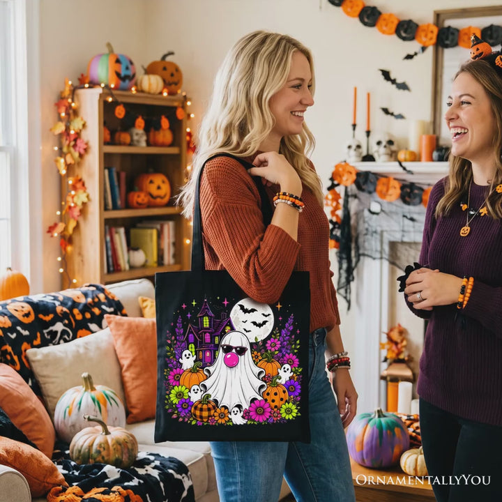 Bubblegum Ghost Haunted House Tote Bag, Colorful Floral Halloween Pumpkin Gift Shopper