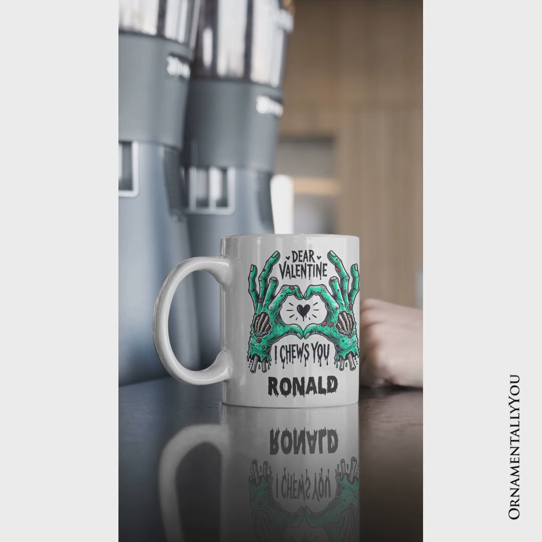Zombie Valentine Hands I Chews You Personalized Mug, Funny Horror Spring Gift with Custom Name
