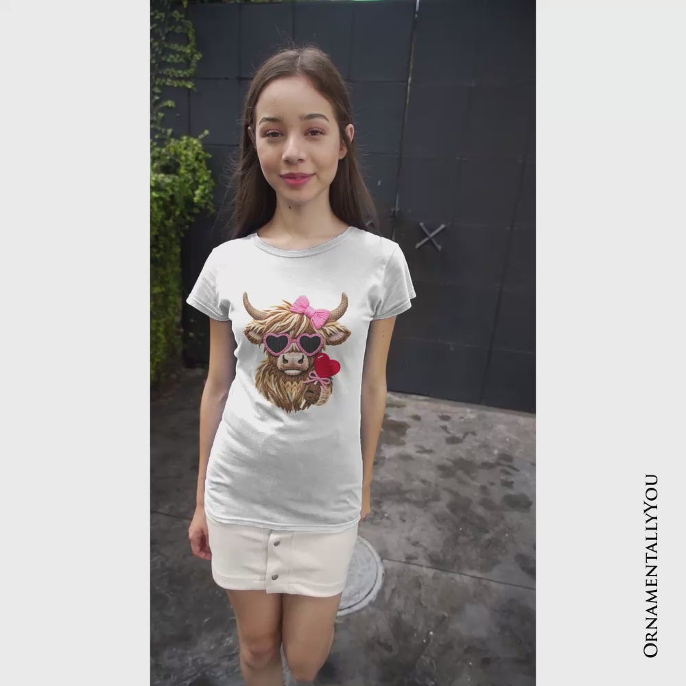 Highland Cow Faux-Yarn Valentine T-Shirt, Cute Knit Coquette Tee