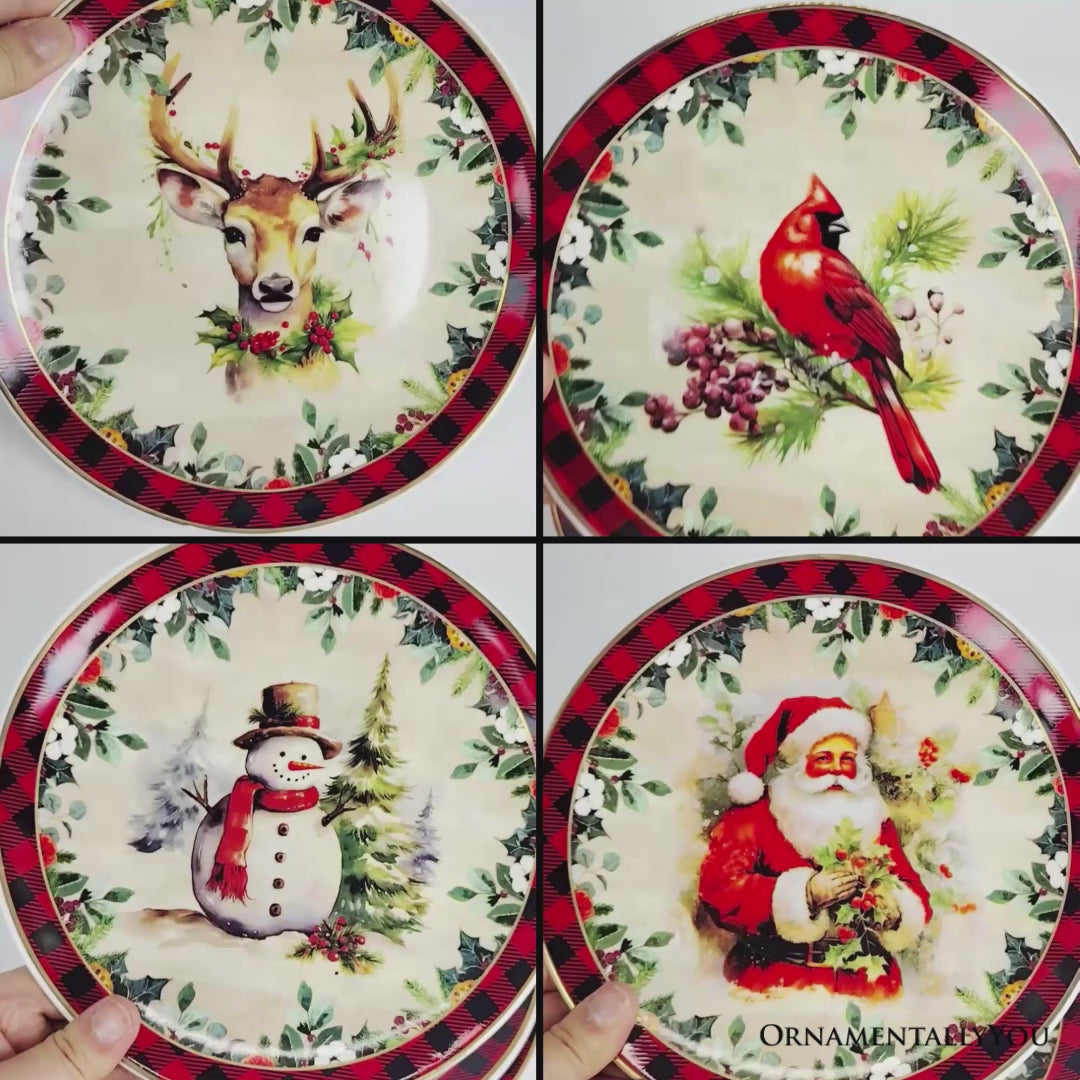 Holiday Cheer Set of 4 Plates with Real Gold Plaid Trim, Christmas Tableware Collection for Salad, Dessert, Appetizer, and Side Plates