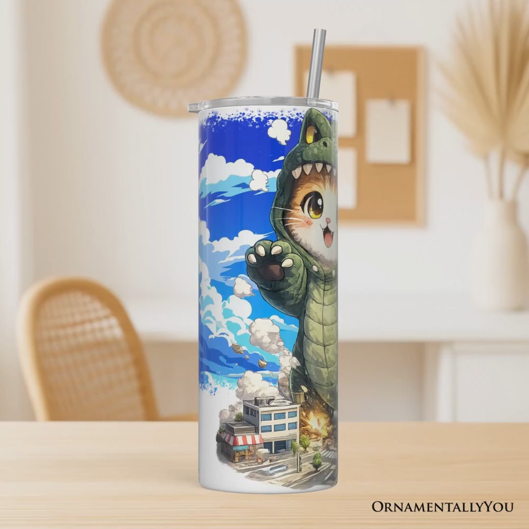 Kawaii Cat Kaiju City Destroyer 20oz Personalized Tumbler With Lid and Stainless Steel Straw, Japanese Anime Gift Cup
