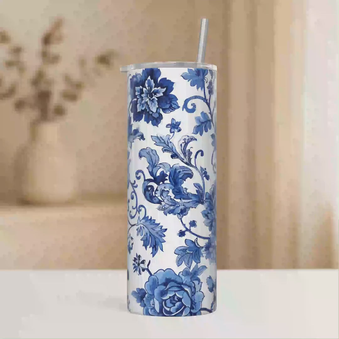 Blue and White Floral Pattern 20oz Personalized Tumbler With Lid and Stainless Steel Straw, Vintage Chinoiserie Porcelain Gift Cup