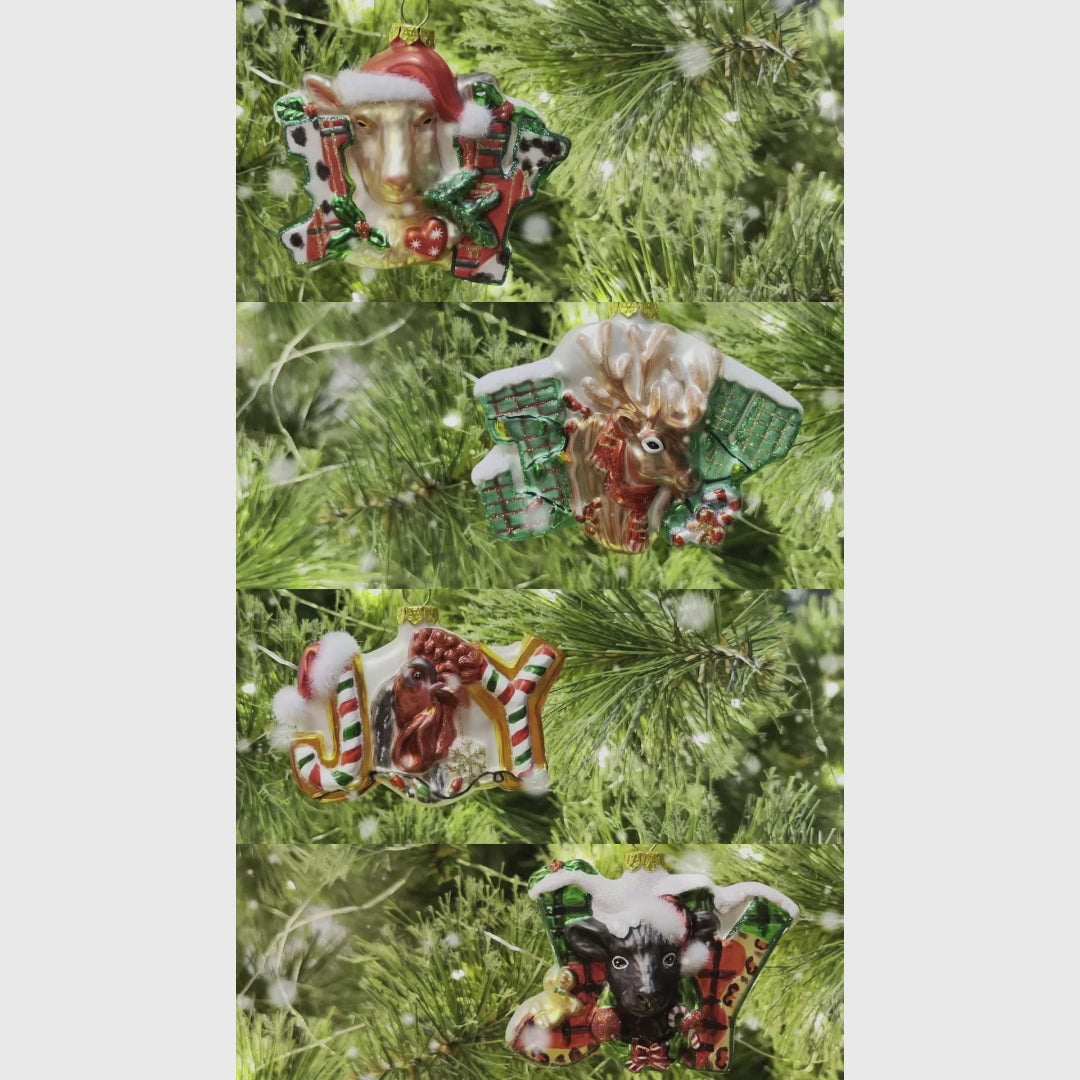 Farm Filled with Joy Set of 4 Glass Christmas Ornaments, Goat, Chicken, Calf and Deer Tree Decorations