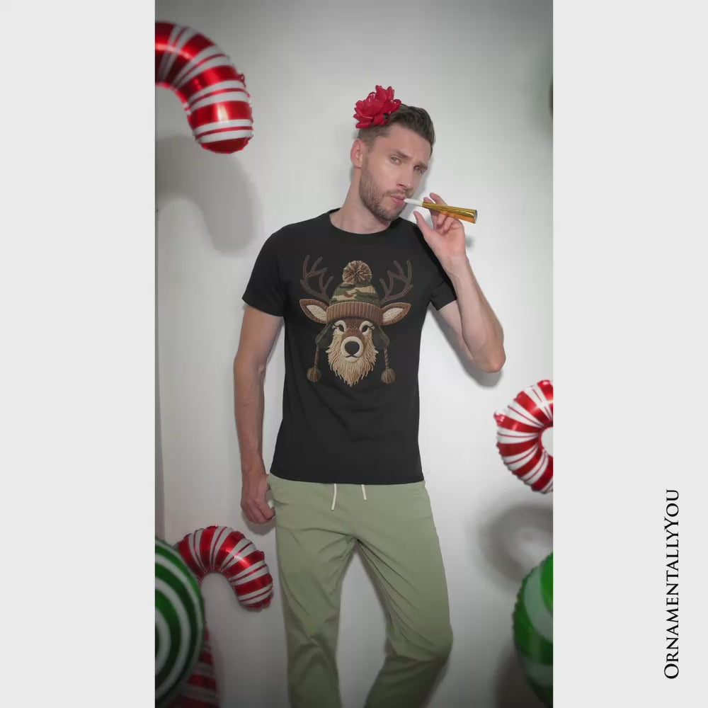 Deer Head Camo Hat Christmas T-Shirt, Imitation Latch Hook Yarn Cozy Hunting Season Tee