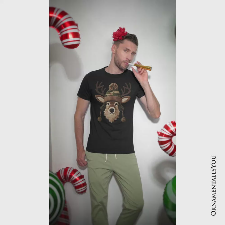 Deer Head Camo Hat Christmas T-Shirt, Imitation Latch Hook Yarn Cozy Hunting Season Tee
