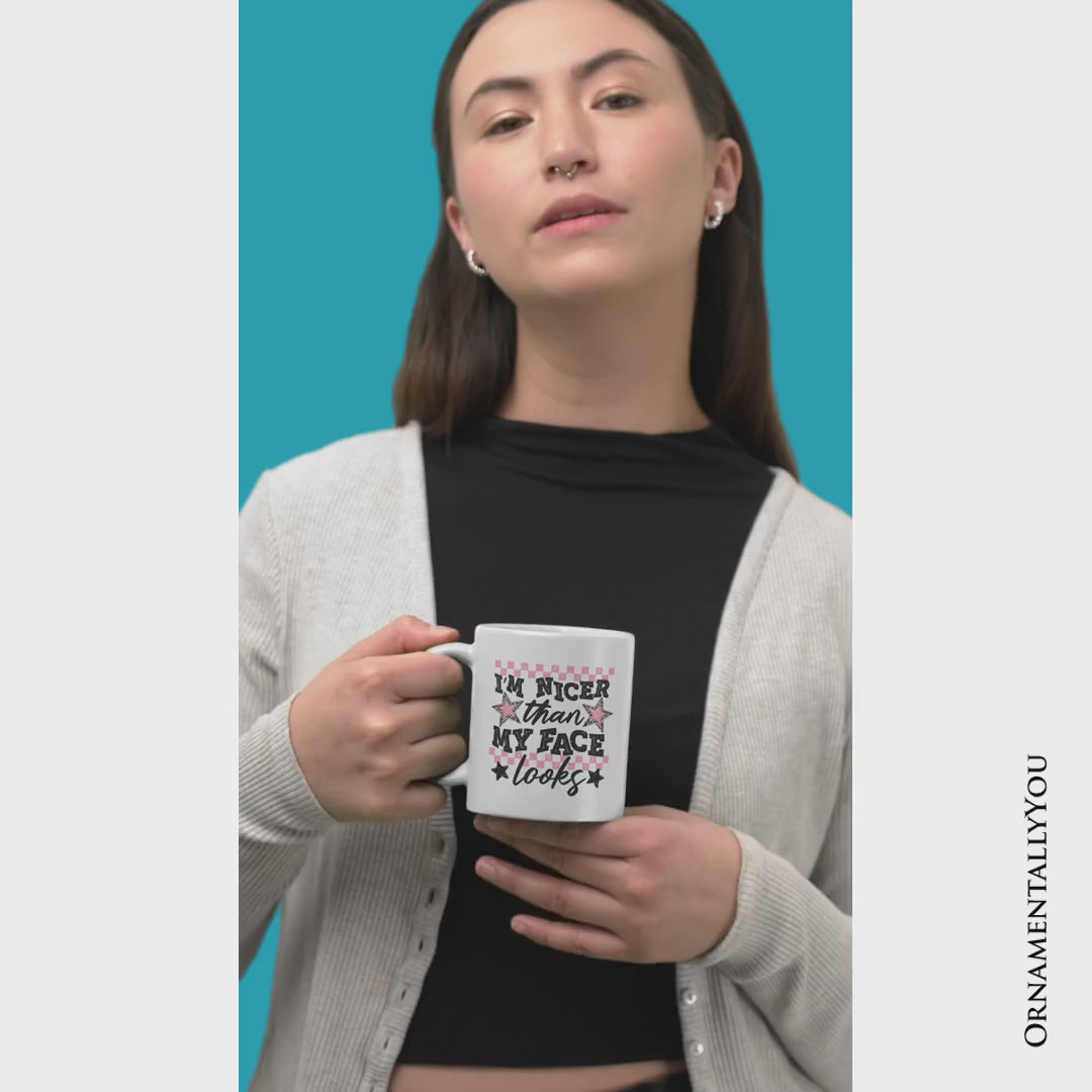 I'm Nicer Than My Face Looks Sarcastic Mug, Relatable Checkered Gift
