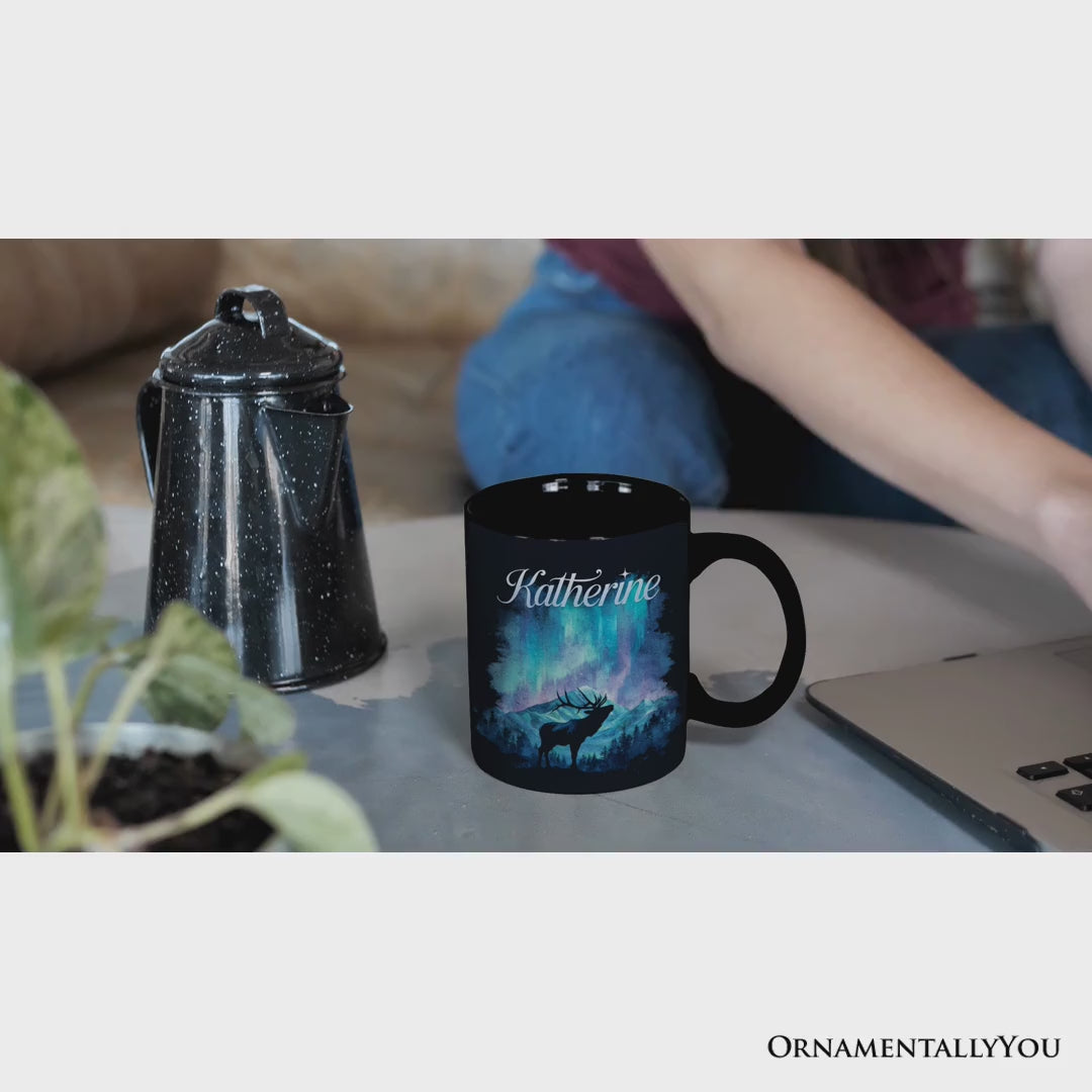 Majestic Aurora Elk Personalized Mug, Northern Lights Wilderness Stag Gift with Custom Name