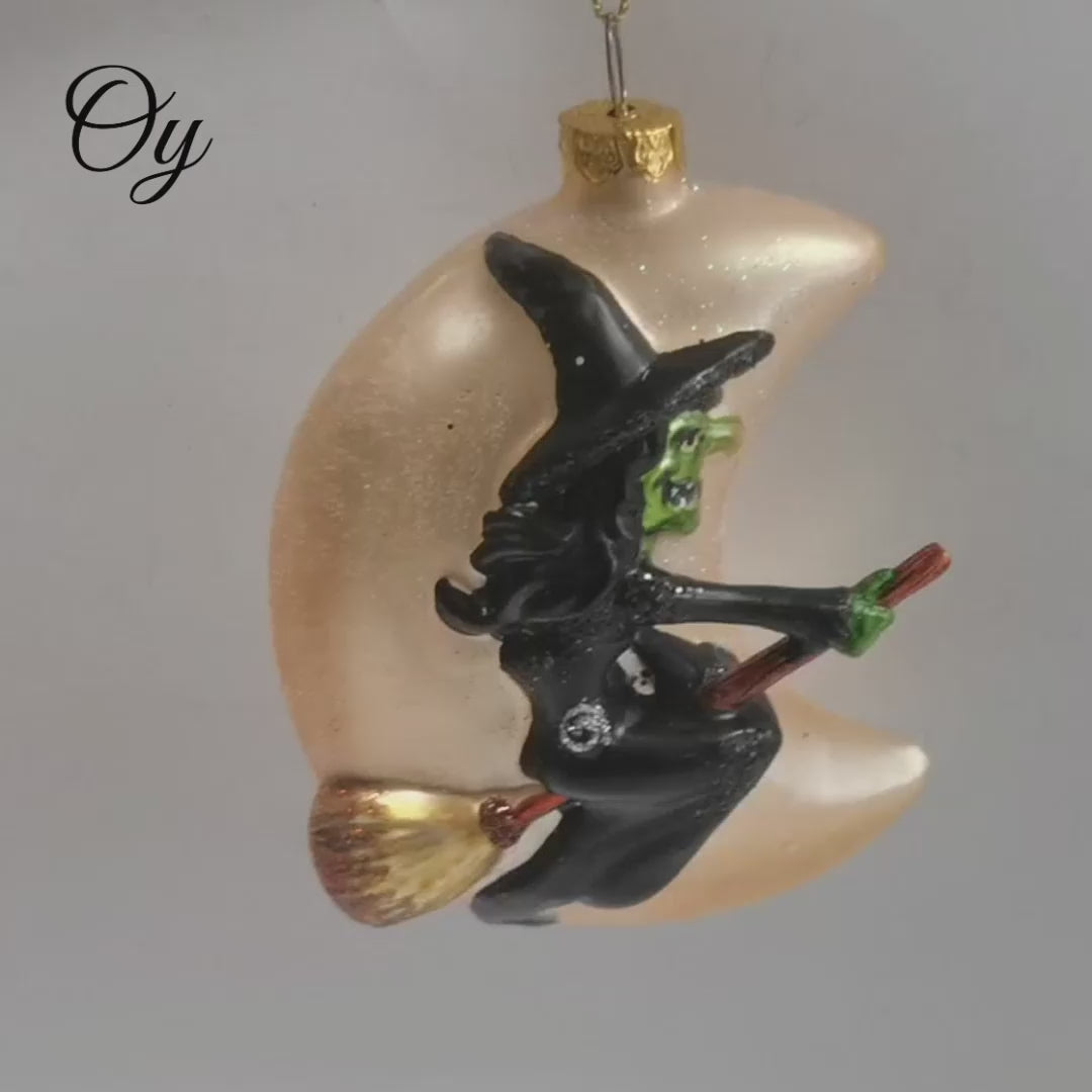 Wicked Witch and Crescent Moon Glass Christmas Ornament, Spooky Halloween Gift