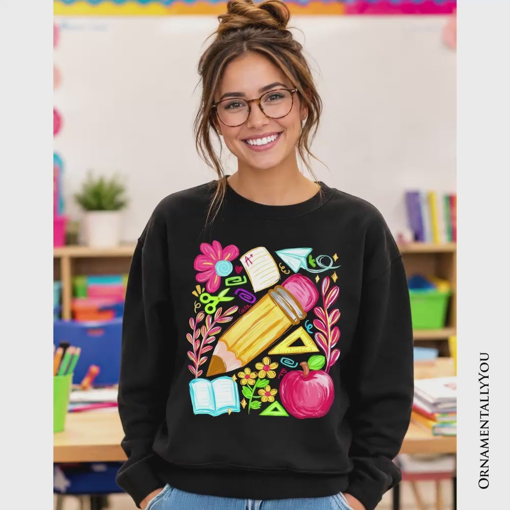 Floral Teacher Pencil Sweatshirt, Colorful Back to School Sweater
