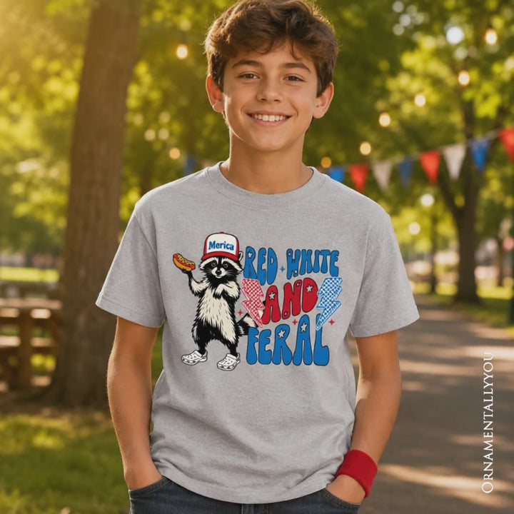 Kids Red, White & Feral Raccoon T-Shirt, Wild Youth Patriot American Tee