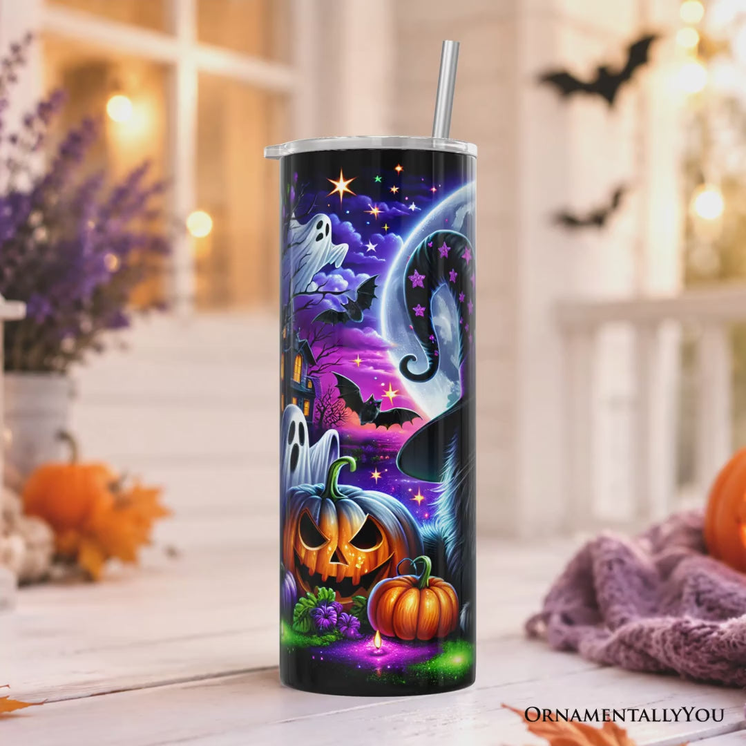 Black Cat Witch 20oz Personalized Tumbler With Lid and Stainless Steel Straw, Spooky Halloween Gift Cup